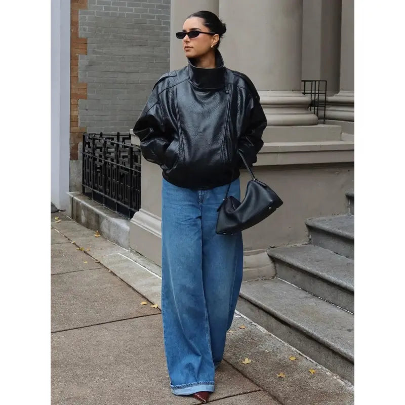 Giacca in Ecopelle Nera Collo Coreana Oversize Stile Moto Biker Orlo Elasticizzato Streetwear Casual Maniche Lunghe Impermeabile Antivento Capispalla per Primavera & Autunno, Abbigliamento Donna per Tutti i Giorni