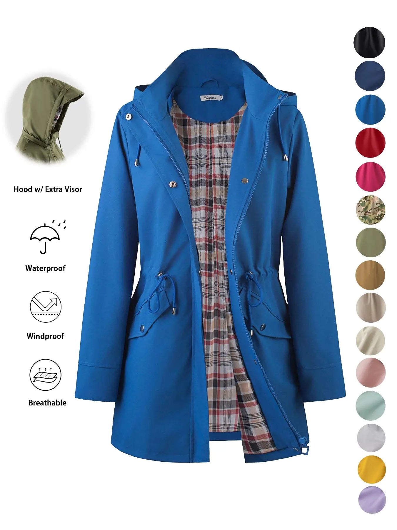 Women's Solid Color Drawstring Zip Up Hooded Trench Coat