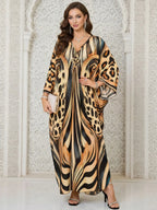 Robe Kaftan fendue à manches chauve-souris et imprimé léopard pour femme, style décontracté et modeste, col en V, manches 3/4, longue robe pour l'automne et l'hiver, vêtements islamiques pour femme pour usage quotidien