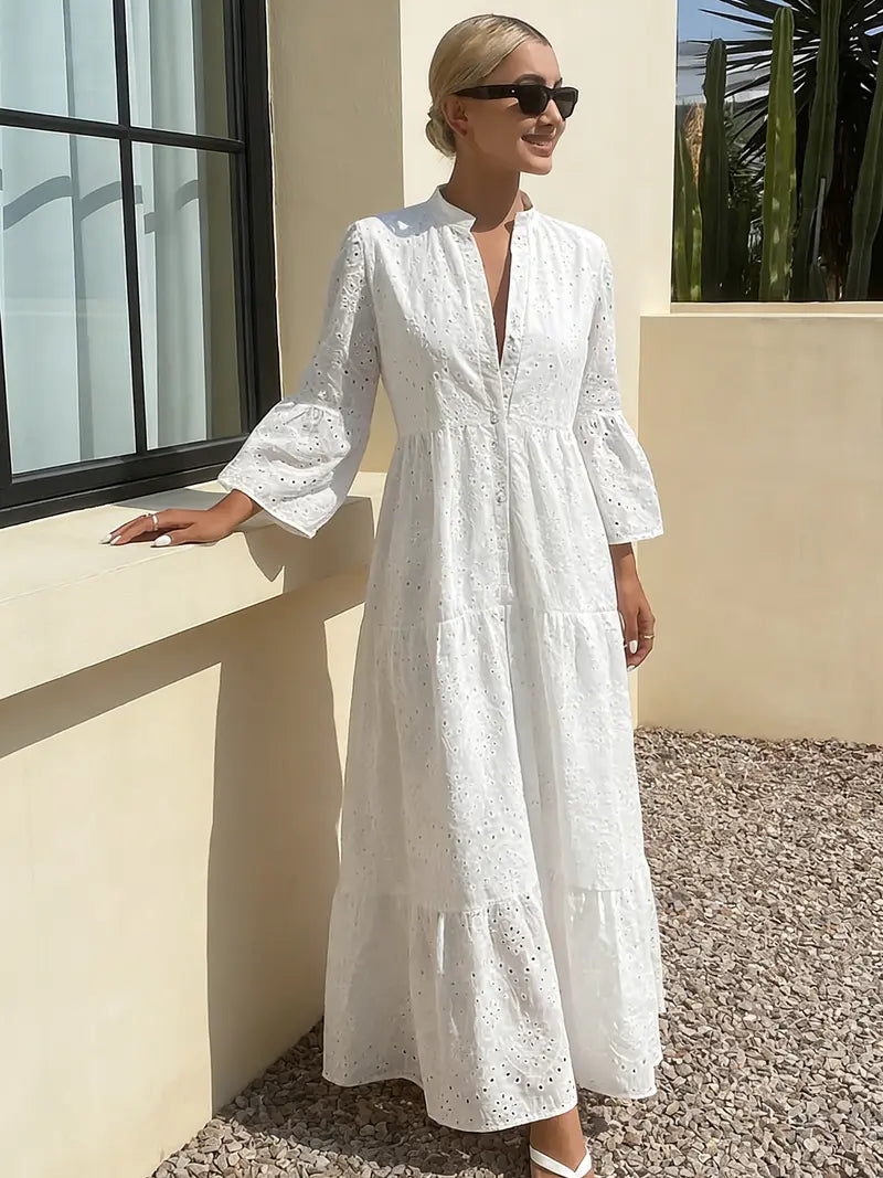 robe tunique évasée à manches en vogue de couleur blanche pour femme, avec un style français élégant