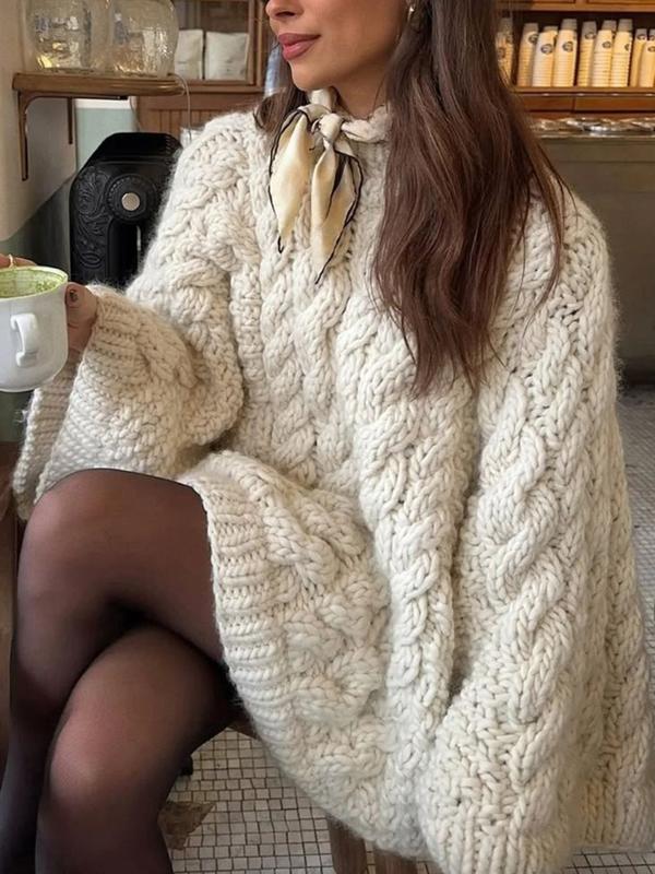 Pull décontracté ample pour femme, haut tricoté à manches longues et col rond, mode automne et hiver, usage quotidien, tricot de couleur unie