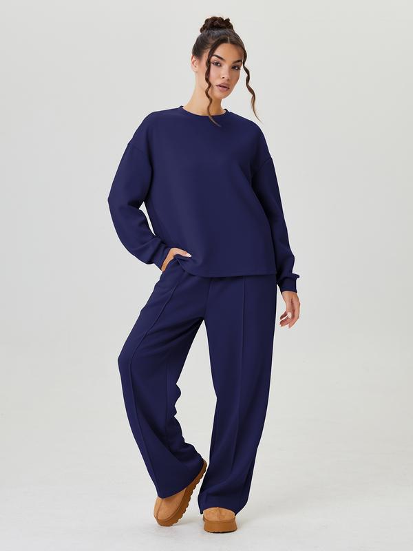 Ensemble décontracté femme, haut ample uni à manches longues et pantalon à surpiqûres apparentes