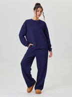 Ensemble décontracté femme, haut ample uni à manches longues et pantalon à surpiqûres apparentes