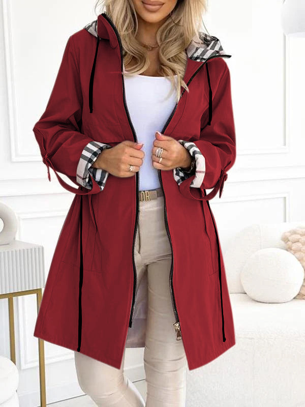 Manteau Long Décontracté à Capuche Zippé avec Cordon de Serrage et Imprimé Carreaux pour Femme - XS-3XL