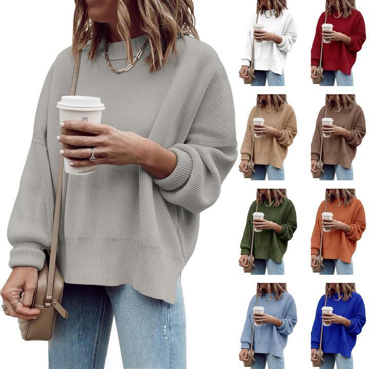Pull Tunique Oversize Femme, Ample, Manches Longues, Tricot Côtelé, Fentes Latérales