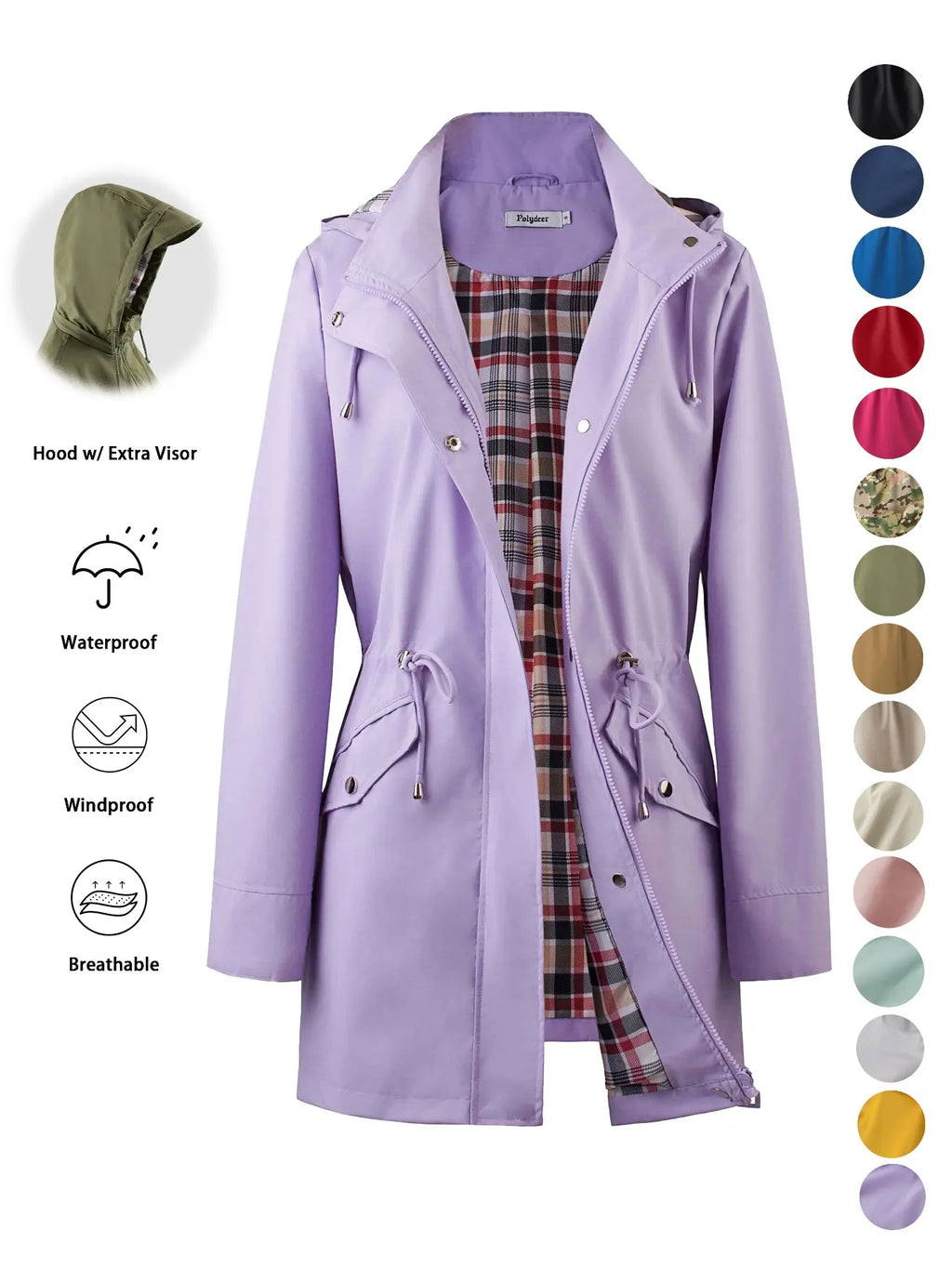 Women's Solid Color Drawstring Zip Up Hooded Trench Coat
