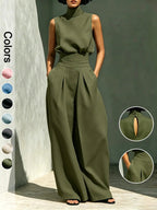Completo due pezzi da donna con top a collo alto senza maniche e pantaloni lunghi, elegante set a vita alta con pantaloni a palazzo, alla moda per signore