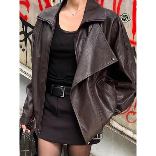 Veste en similicuir noir Col montant Veste motard ample Ourlet élastique Vêtements de rue Décontracté Manches longues Imperméable Coupe-vent pour le printemps et l'automne, Vêtements pour femmes pour un usage quotidien