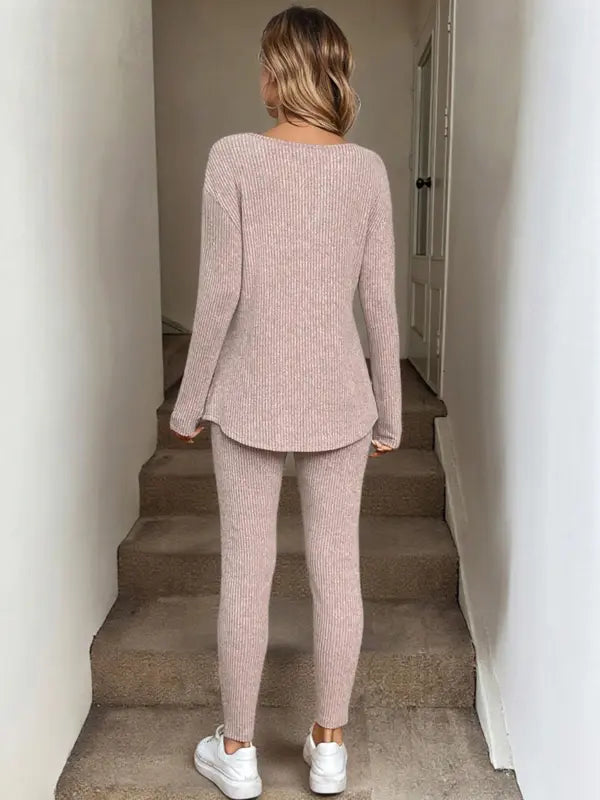 Ensemble 2 pièces décontracté femme, t-shirt à manches longues et legging en maille côtelée peluche, automne/hiver