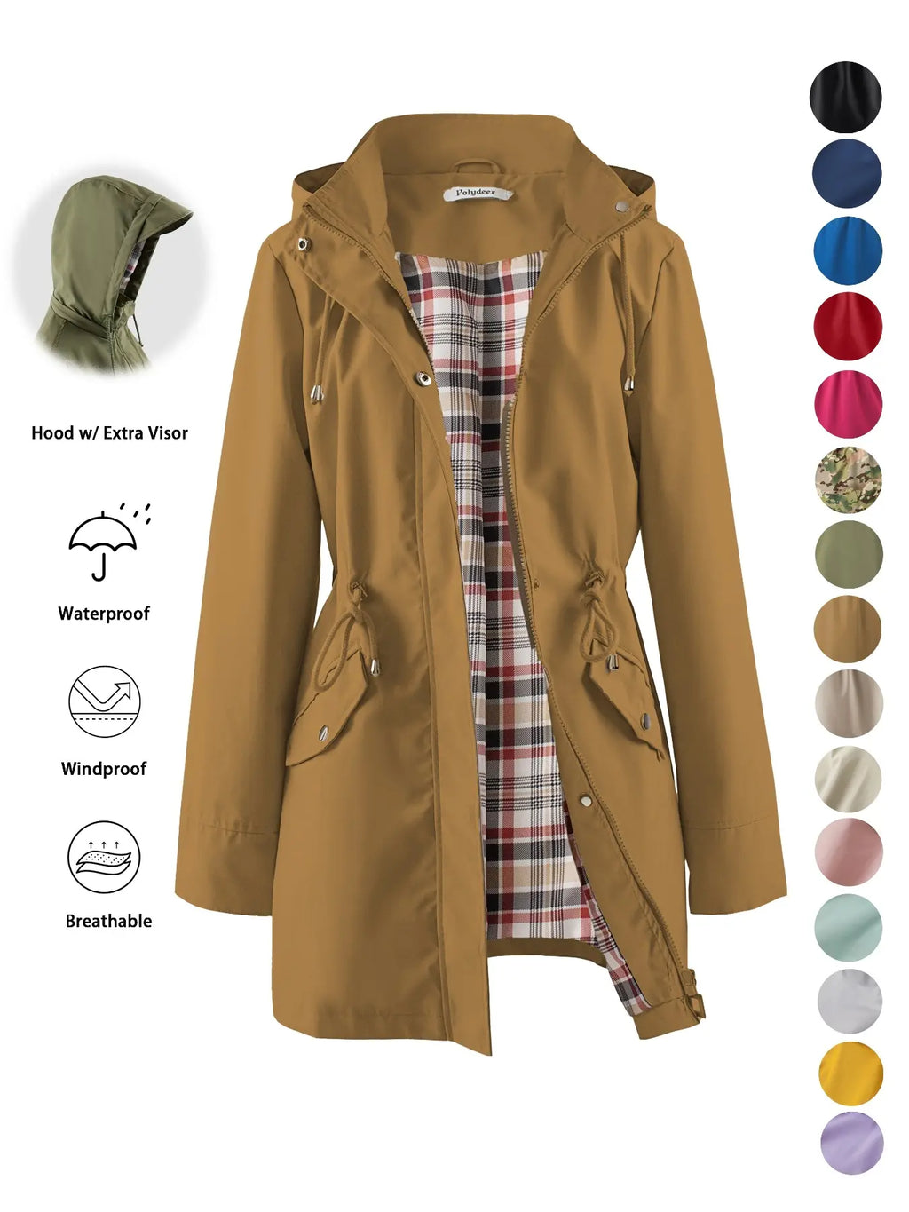Women's Solid Color Drawstring Zip Up Hooded Trench Coat