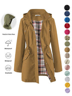 Women's Solid Color Drawstring Zip Up Hooded Trench Coat