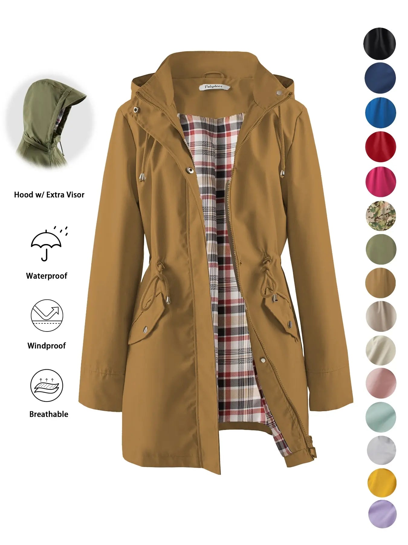 Women's Solid Color Drawstring Zip Up Hooded Trench Coat