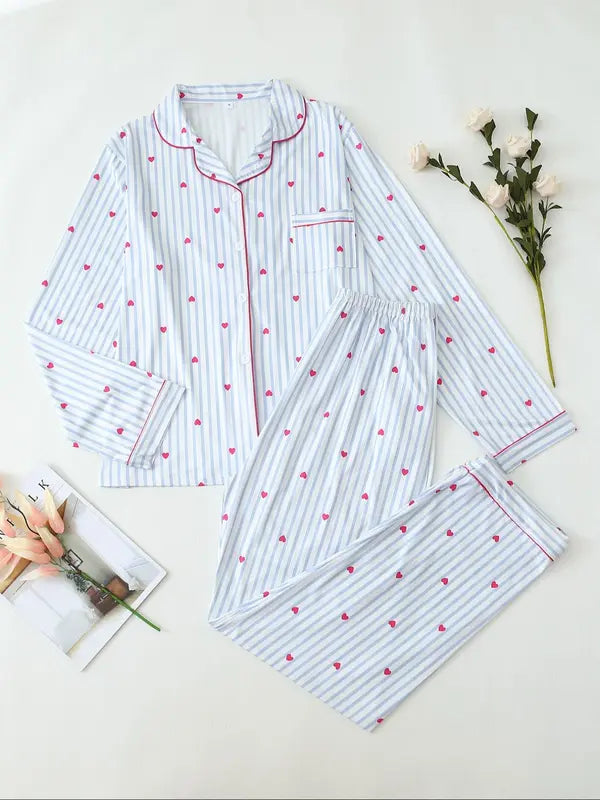 Ensemble deux pièces pour femme, pyjama avec chemise et pantalon imprimé nœuds, décontracté et confortable, haut à manches longues et col à revers avec pantalon, vêtements de nuit pour femme pour le printemps et l'automne