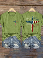 Women's Stand For The Flag Kneel For The Cross Printed Casual T-Shirt