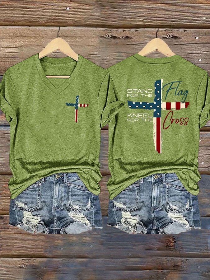T-Shirt Casual da Donna Stampa "Stand For The Flag Kneel For The Cross"