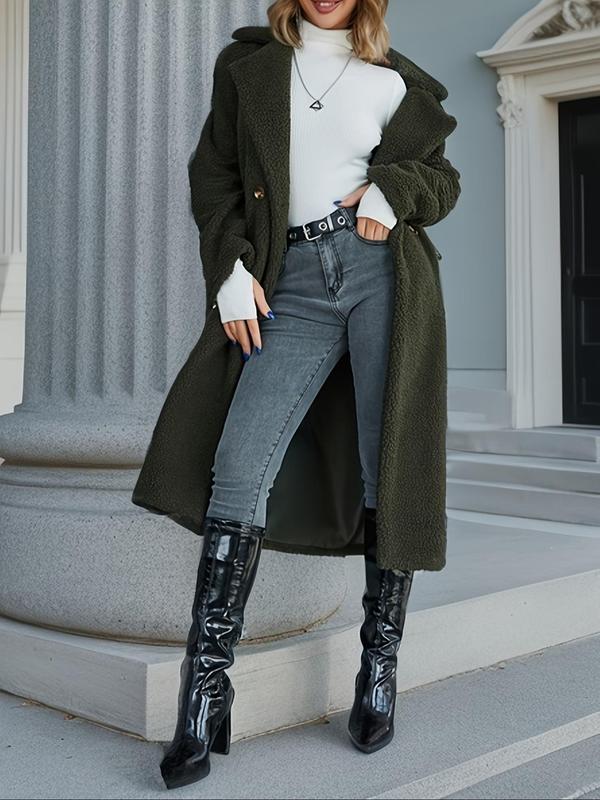 Manteau en fausse fourrure uni avec poches et boutons, col à revers et manches longues, tenue décontractée pour l'automne et l'hiver, vêtements pour femmes pour un usage quotidien