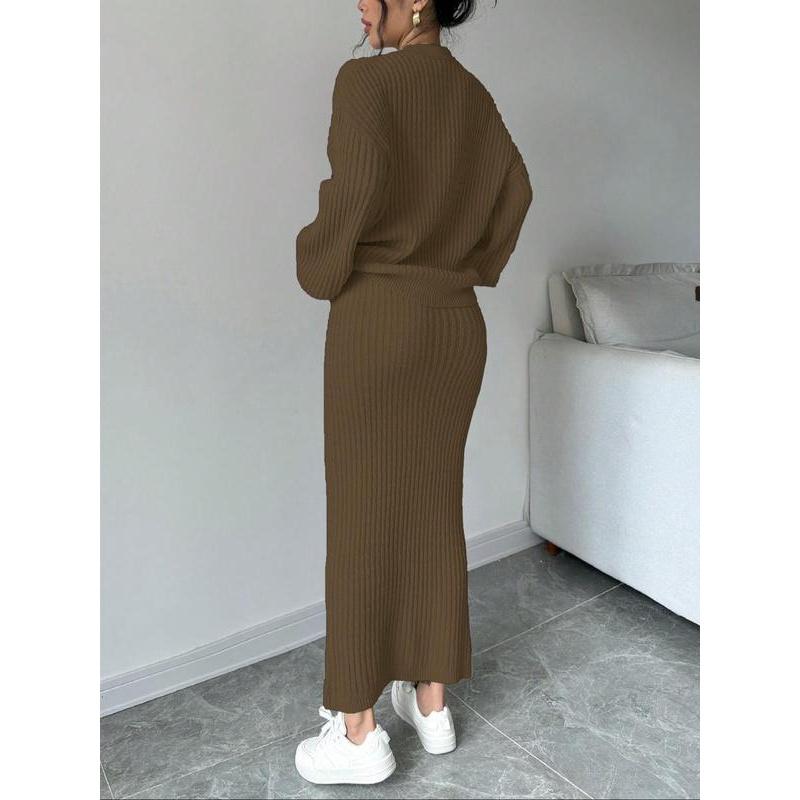 Set due pezzi da donna, maglione e gonna lunga a tinta unita con bottoni, top casual a maniche lunghe con spalle scese in maglia e gonna a vita alta per l'uso quotidiano all'aperto, maglieria da donna per l'autunno e l'inverno
