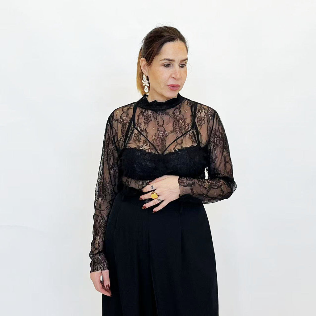 [2026.COUTURE] Maglia in Pizzo Angelo, Trasparente A Maniche Lunghe