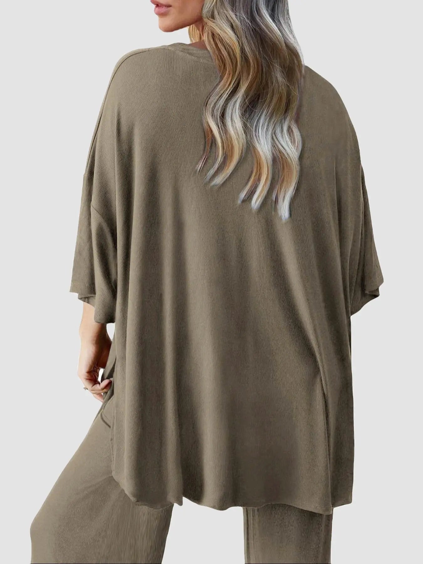 Ensemble deux pièces T-shirt uni à épaules tombantes et pantalon à taille élastique pour femme