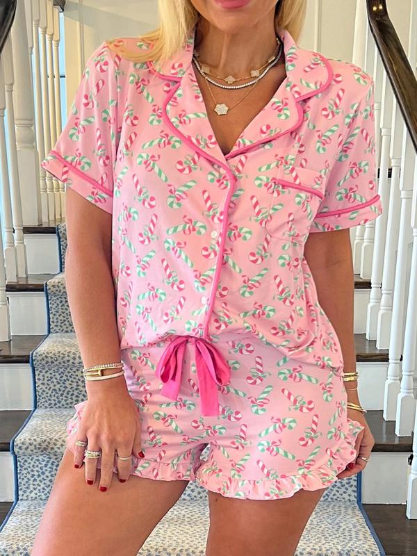 Completo pigiama da donna di 2 pezzi, pantaloncini a maniche corte, con stampa a bastoncino di zucchero natalizio, bottoni, colletto, fiocchi, adatto per un abbigliamento comodo e casual in casa per tutte le stagioni