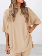 Ensemble T-shirt uni et short moulant pour femme, vêtement de nuit décontracté d'été à col rond, confortable, avec poches, pour l'extérieur