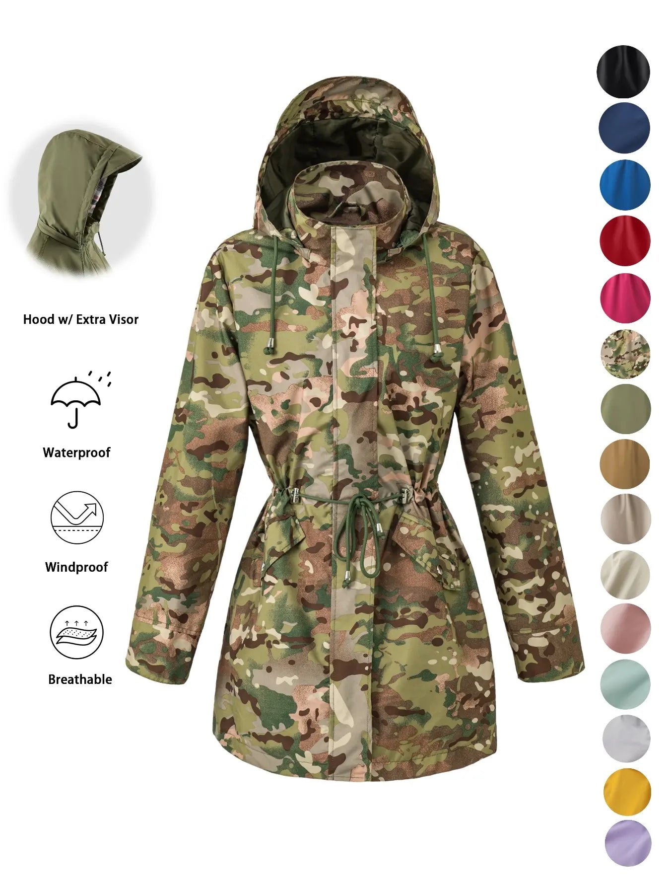 Women's Solid Color Drawstring Zip Up Hooded Trench Coat