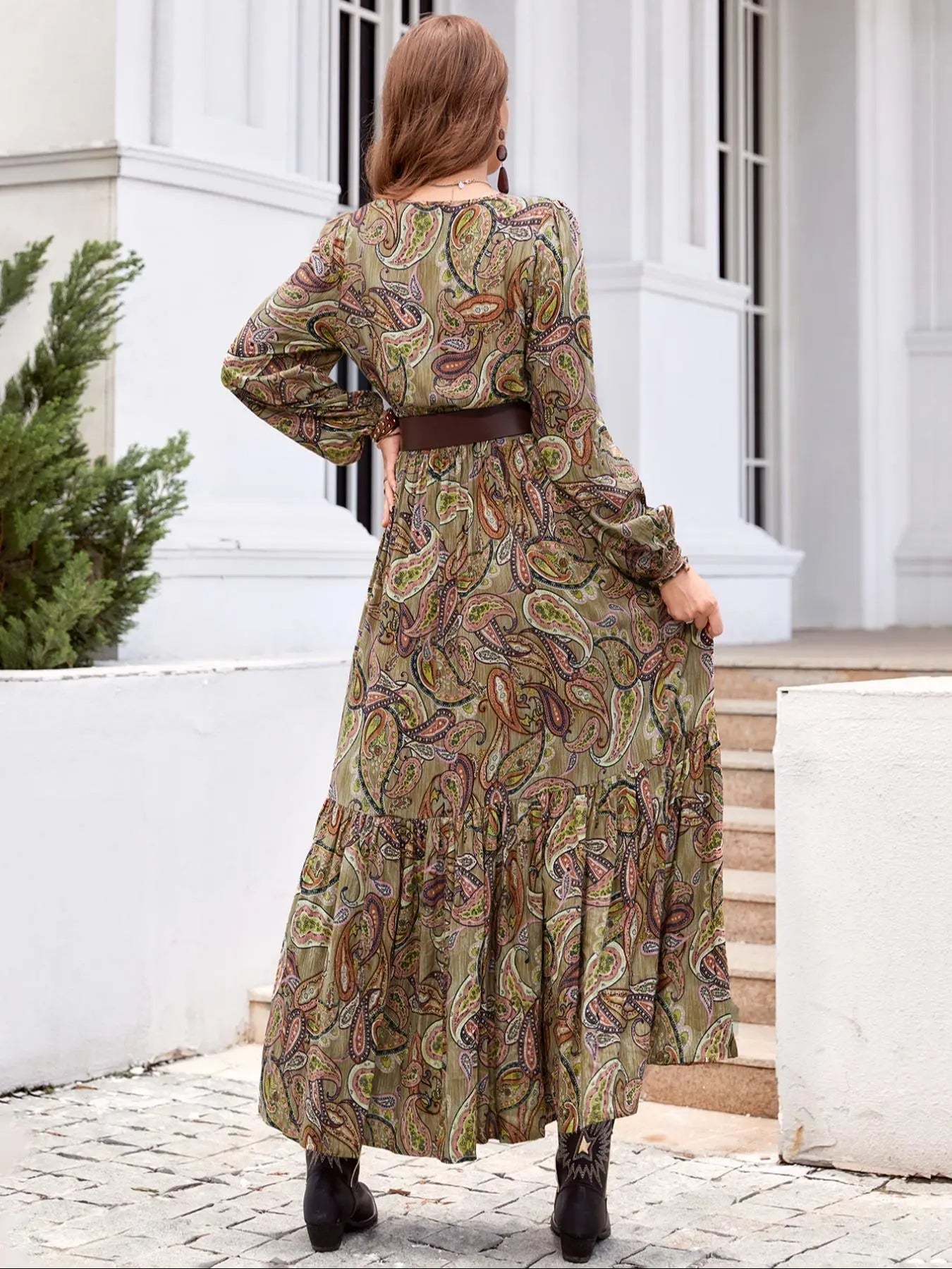 Robe longue tissée à manches longues pour femme style bohème, imprimé cachemire, taille ajustée, confortable, décontractée et élégante pour toutes les saisons, parfaite pour la plage