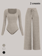 Ensemble salopette en molleton côtelé de couleur unie coupe slim pour femme, pantalon large, tissu confortable et tendance pour le quotidien