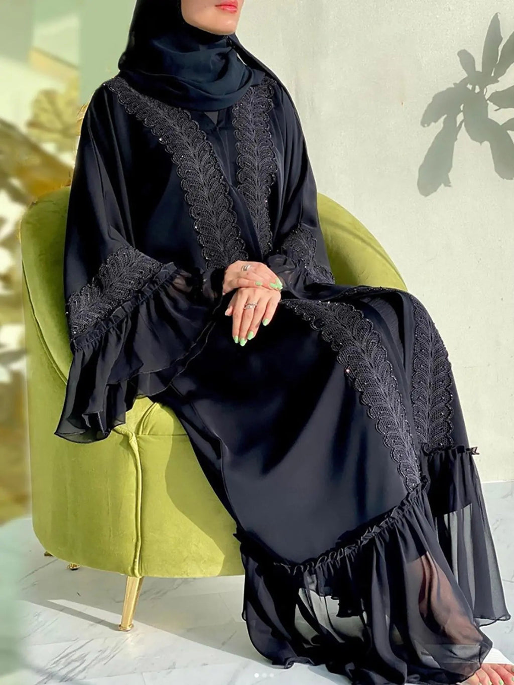 Abbigliamento Arabo - Abaya Cinghiata con Pizzo a Contrasto senza Hijab, Abiti Estivi, Abito a Maniche Lunghe con Volant alla Moda Araba, Abbigliamento Abaya Modesto per Donna, Abaya Islamica
