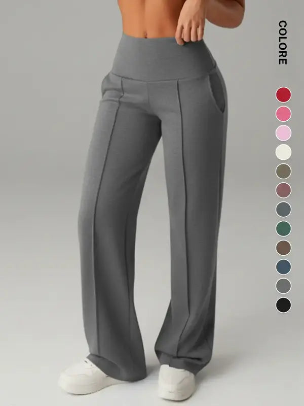 Joggers da donna a vita alta con tasche laterali, pantaloni da yoga sportivi casual, vestibilità ampia con elastico in vita, leggings lunghi regolari per tutte le stagioni