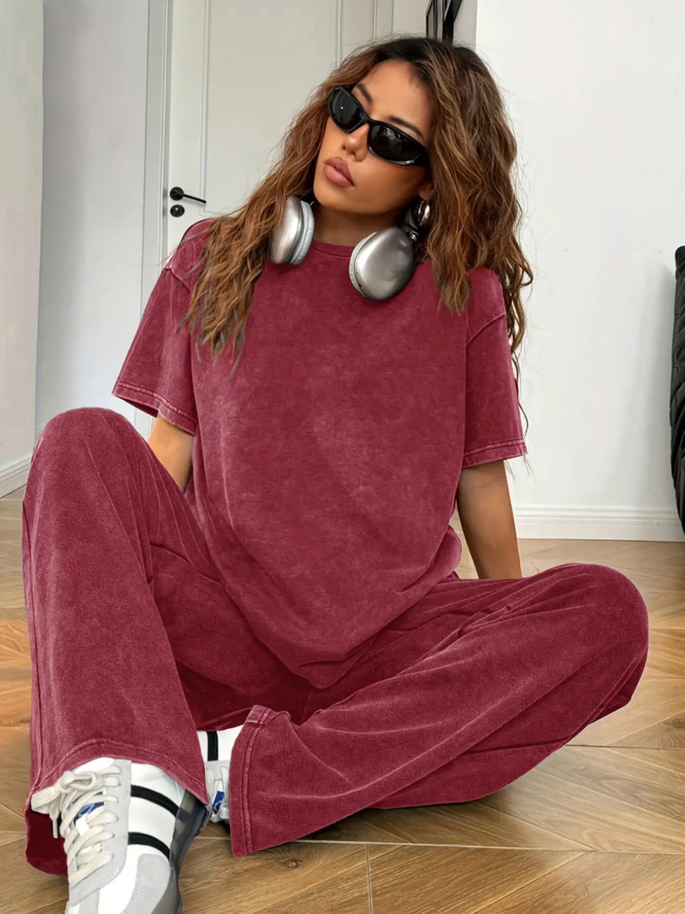 Ensemble deux pièces décontracté pour femme, t-shirt ample à manches courtes en coton délavé et pantalon long, toutes saisons, style uni
