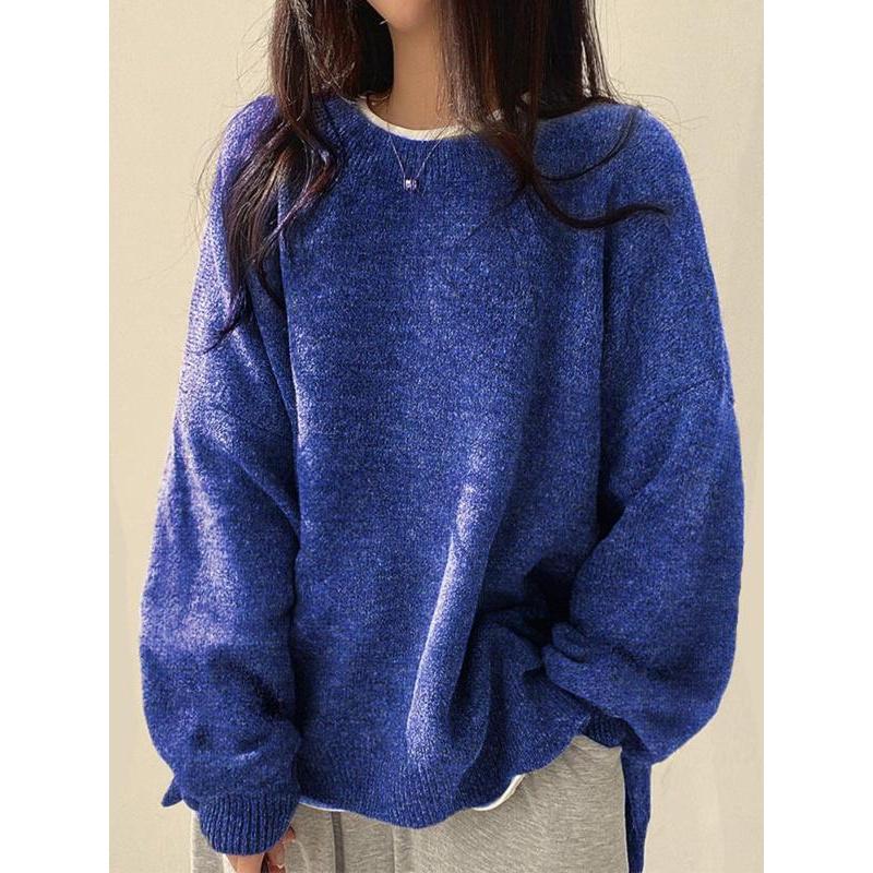 Pull femme à épaules tombantes et ourlet fendu, Pull décontracté à manches longues et col rond, Haut tricoté pour femme pour l'automne et l'hiver, Pulls pour femme
