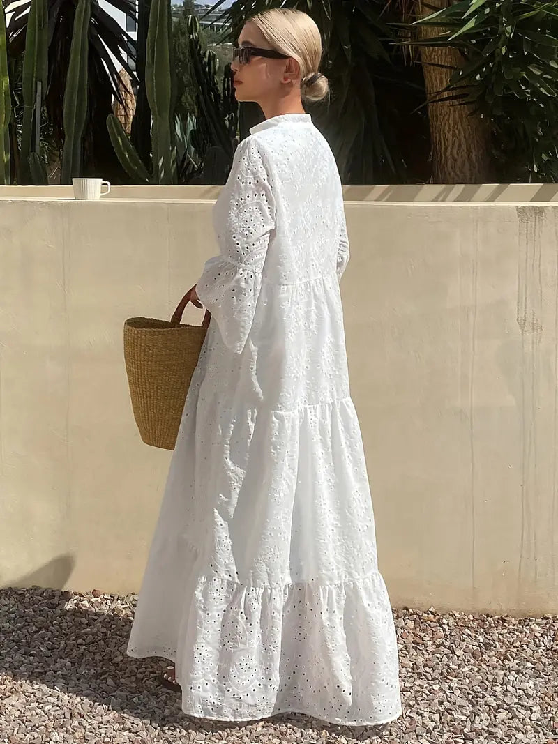 robe tunique évasée à manches en vogue de couleur blanche pour femme, avec un style français élégant