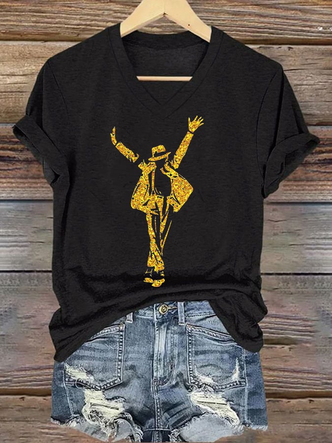 T-shirt scollo a V stampa artistica superstar da donna
