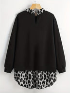 [Grande Taille] Sweat-shirt léopard à ourlet incurvé, sweat-shirt décontracté à manches longues pour l'automne et l'hiver, vêtements pour femmes pour un usage quotidien