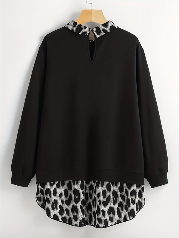 [Grande Taille] Sweat-shirt léopard à ourlet incurvé, sweat-shirt décontracté à manches longues pour l'automne et l'hiver, vêtements pour femmes pour un usage quotidien