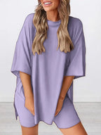 Ensemble T-shirt uni et short moulant pour femme, vêtement de nuit décontracté d'été à col rond, confortable, avec poches, pour l'extérieur