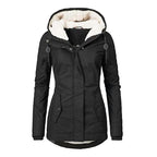 Parka d'hiver en coton épais avec doublure en polaire, manteau chaud à capuche mi-long, coupe ajustée, manches longues, en fausse fourrure noire, pour un style élégant et décontracté - Vestes