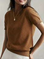 Pull en maille unie à col rond et manches courtes pour femme, tricot basique décontracté pour le printemps et l'automne, vêtements en tricot tendance pour femme pour le quotidien, prêt-à-porter féminin