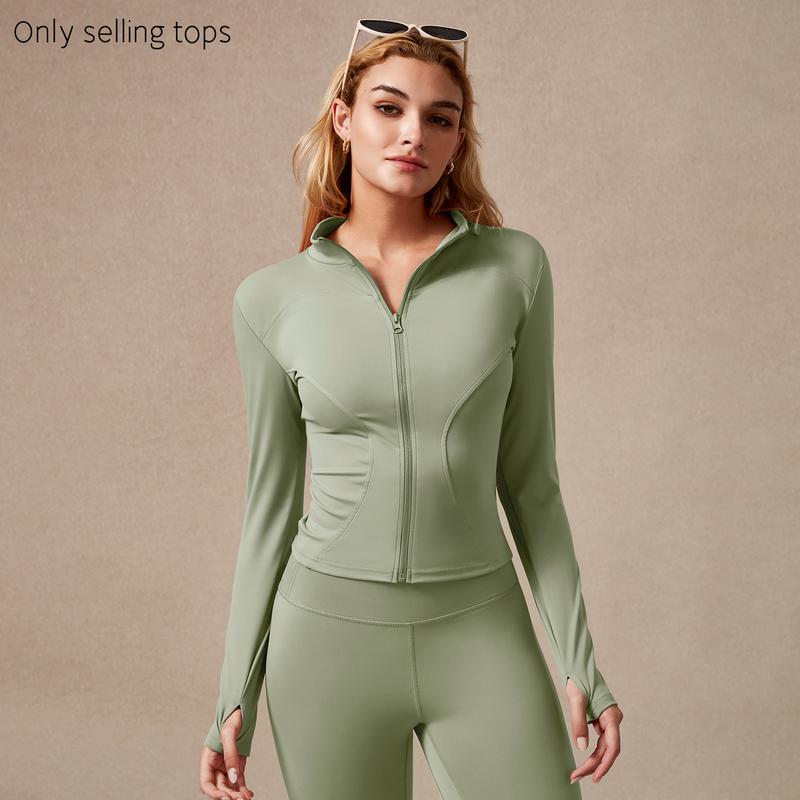 Giacca sportiva da donna con zip intera, maniche lunghe, vestibilità aderente, tessuto elasticizzato ad asciugatura rapida con fori per i pollici per corsa, yoga, palestra, allenamento, abbigliamento sportivo
