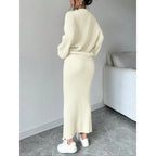 Set due pezzi da donna, maglione e gonna lunga a tinta unita con bottoni, top casual a maniche lunghe con spalle scese in maglia e gonna a vita alta per l'uso quotidiano all'aperto, maglieria da donna per l'autunno e l'inverno