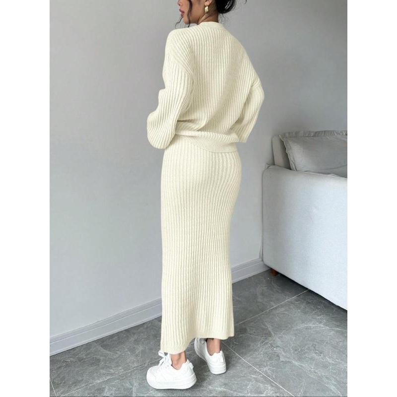 Set due pezzi da donna, maglione e gonna lunga a tinta unita con bottoni, top casual a maniche lunghe con spalle scese in maglia e gonna a vita alta per l'uso quotidiano all'aperto, maglieria da donna per l'autunno e l'inverno