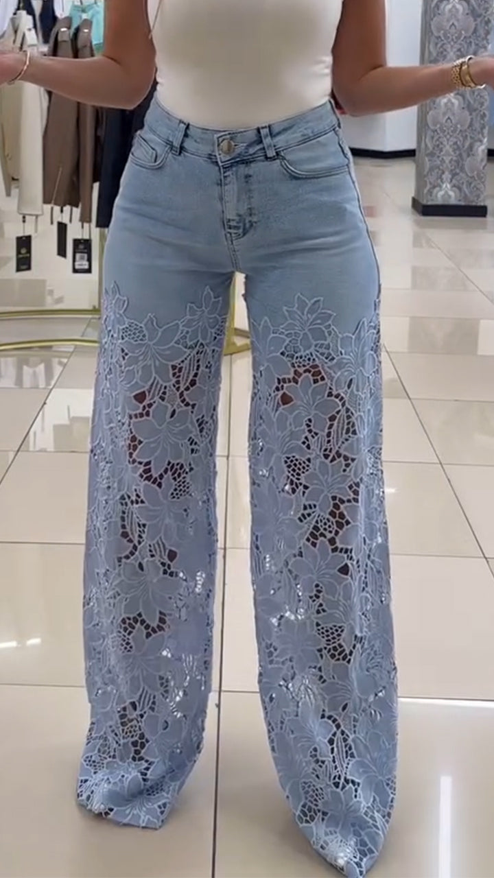 Jean en dentelle patchwork évidé pour femme