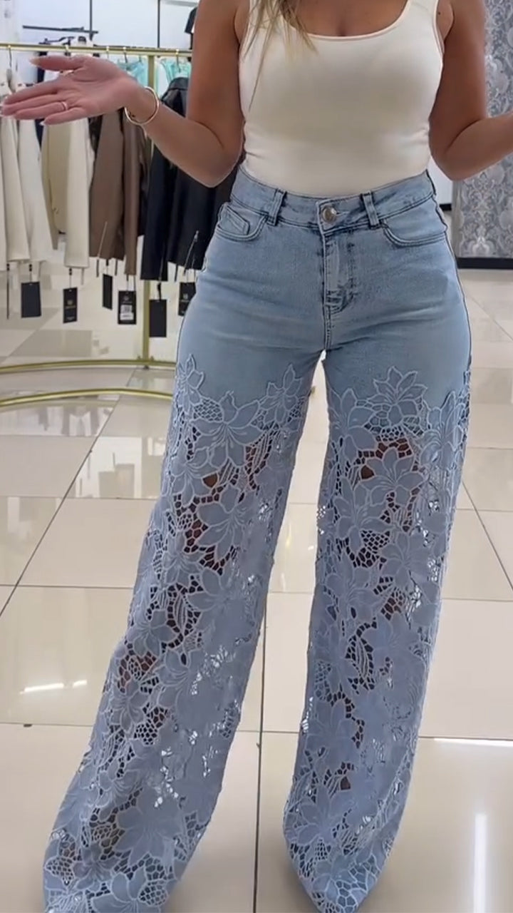 Jean en dentelle patchwork évidé pour femme
