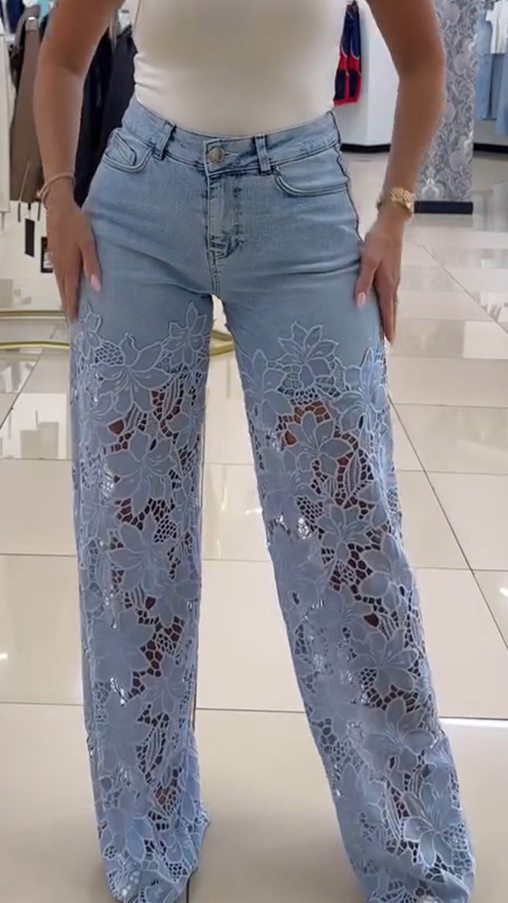 Jean en dentelle patchwork évidé pour femme
