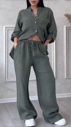 Ensemble décontracté col en V en coton et lin pour femme