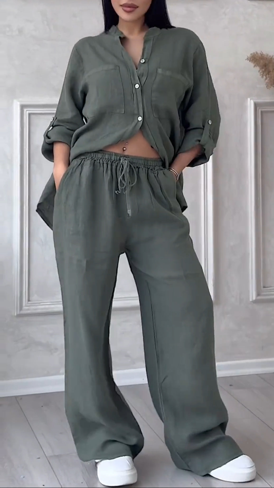 Ensemble décontracté col en V en coton et lin pour femme