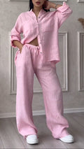 Ensemble décontracté col en V en coton et lin pour femme
