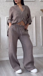 Ensemble décontracté col en V en coton et lin pour femme