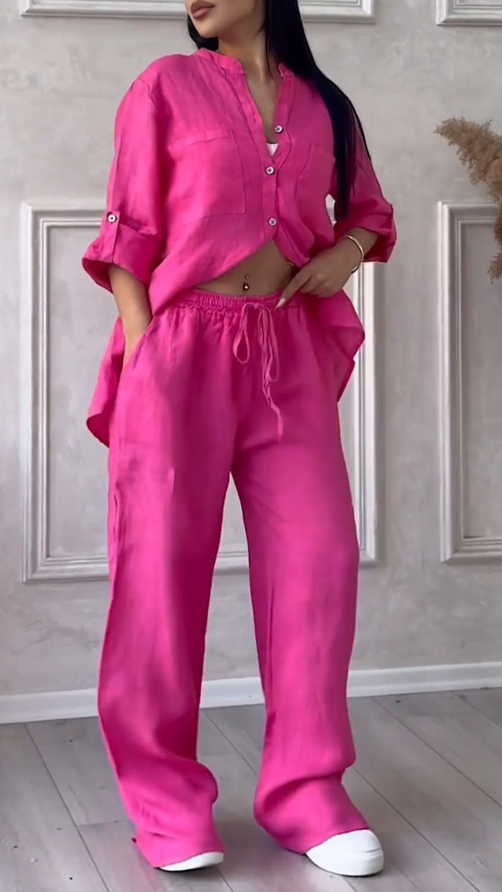 Ensemble décontracté col en V en coton et lin pour femme